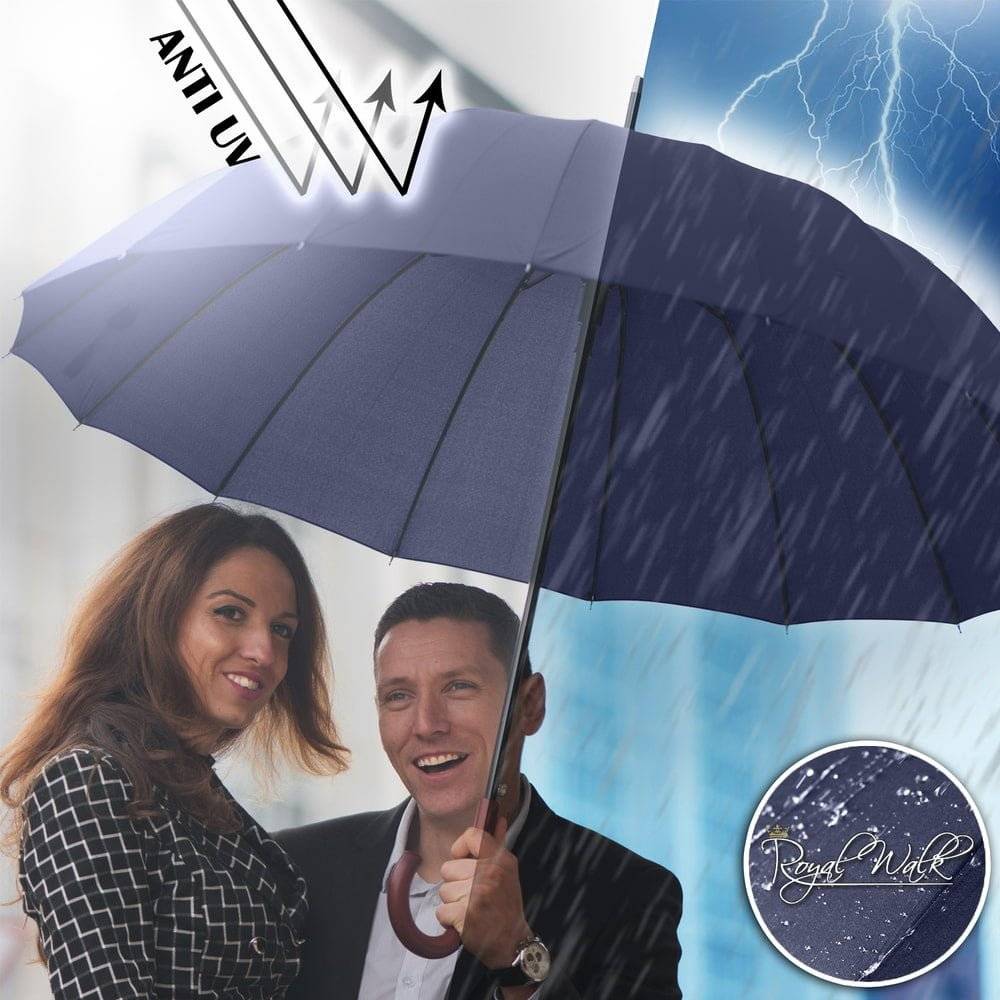 Parapluie grande taille bleu marine, poignée châtaignier