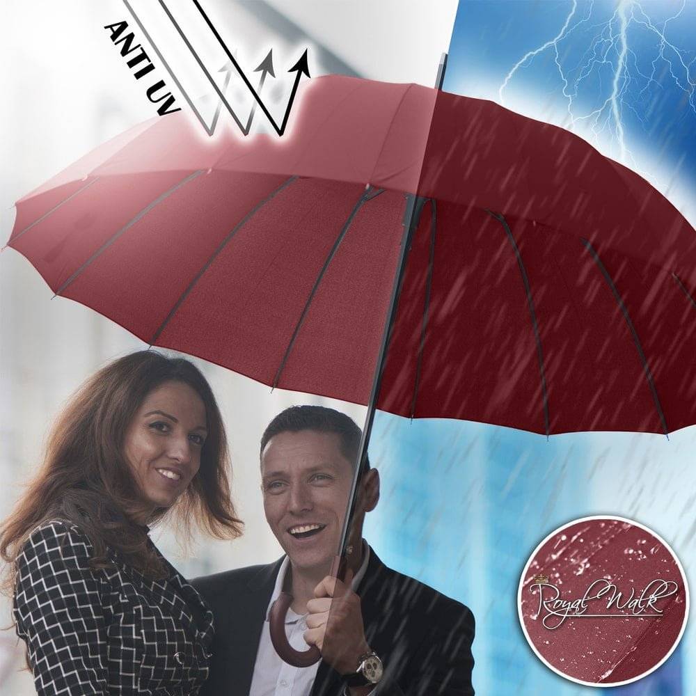 Royal Walk XXL Grand Taille Parapluie Canne Automatique pour Homme et Femme  Résistant aux Vent, Solide, Anti Tempete, De Golf Pour 2 Personnes Poignée  en Bois 16 Baleines 120 cm Rouge Foncé 