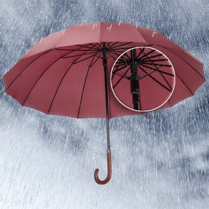 Large Umbrella for Rain, Walking Stick with Real Wood Handle, Automatic Open, 16 Ribs, 54 Inch Arc, 120cm Diameter - Dark Red 24 Large windproof umbrella strong wind resistance and durable construction dark red 3