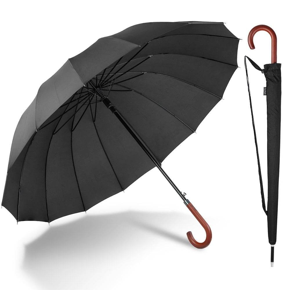 Large long windproof black umbrella with strong c curve handle classic trendy