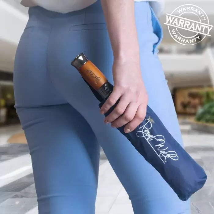 Luxurious folding windproof umbrella for rain with real wood handle navy blue 12