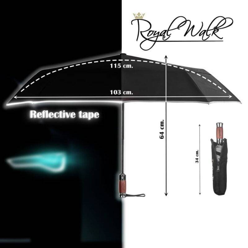 large folding windproof umbrella for rain compact - real wood handle light reflective strip 2 black