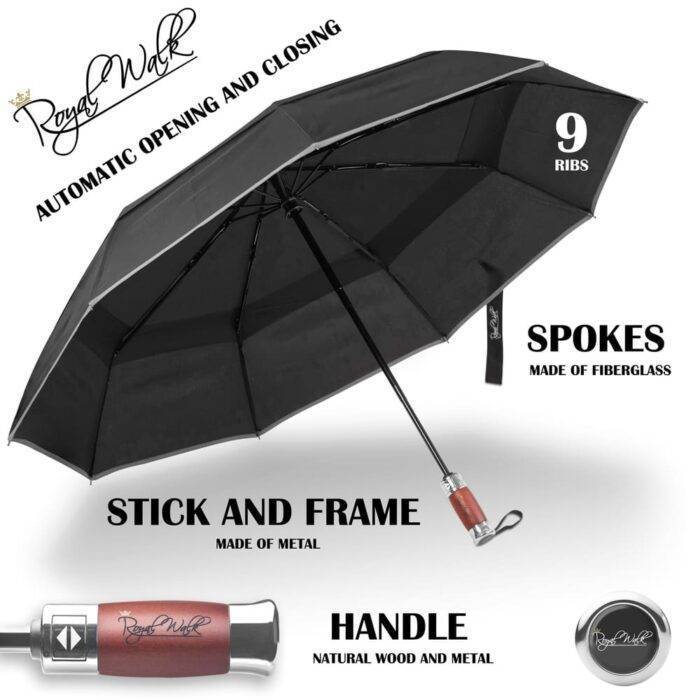Folding Windproof Umbrella for Rain Vented Double Canopy with Real Wood Handle and Automatic Open & Close 41 inch (103 cm) diameter - Black 31 Luxurious large windproof umbrella for rain - fast drying fabric with real wood handle and double canopy black 3