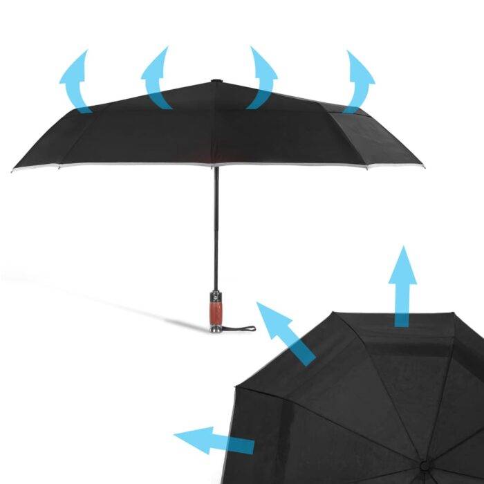 Folding Windproof Umbrella for Rain Vented Double Canopy with Real Wood Handle and Automatic Open & Close 41 inch (103 cm) diameter - Black 43 large windproof umbrella for rain - vented double canopy black 2