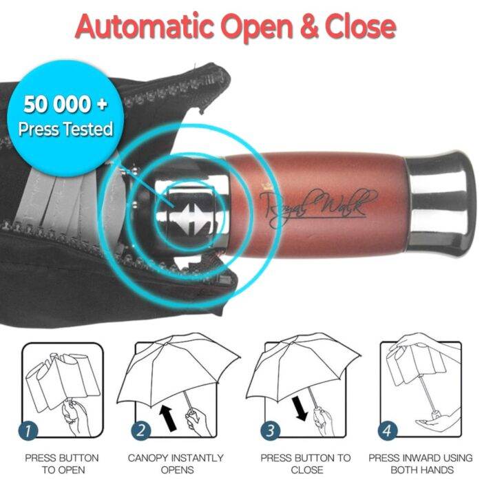 Folding Windproof Umbrella for Rain Vented Double Canopy with Real Wood Handle and Automatic Open & Close 41 inch (103 cm) diameter - Black 30 Automatic folding windproof umbrella for rain - fast drying fabric with real wood handle black 5