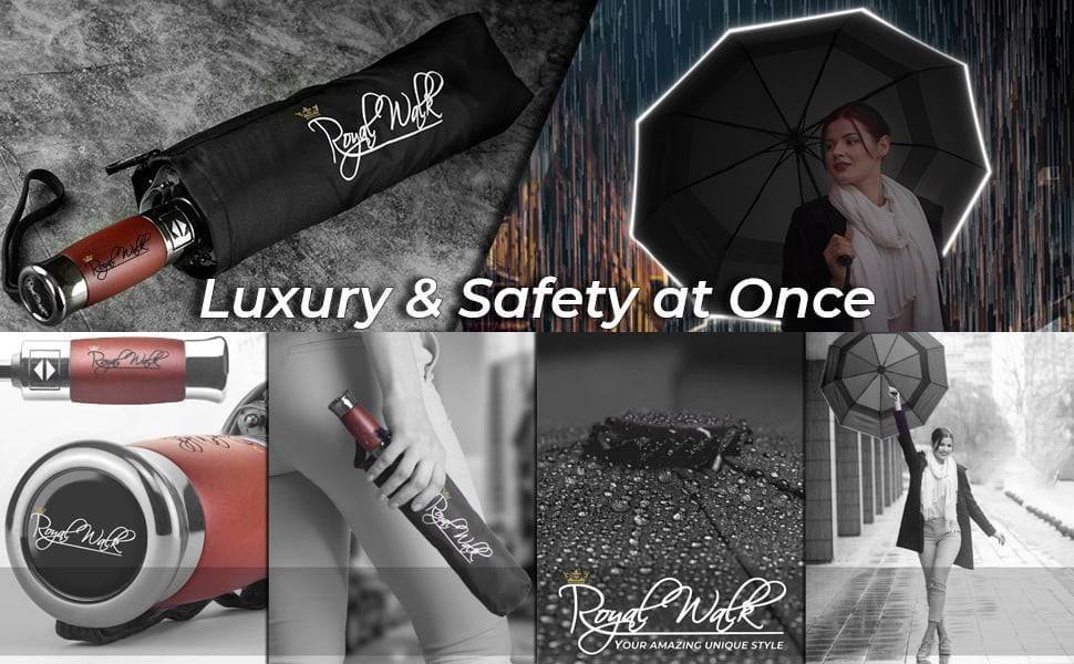 Luxurious folding windproof umbrella with vented double canopy and real wood handle