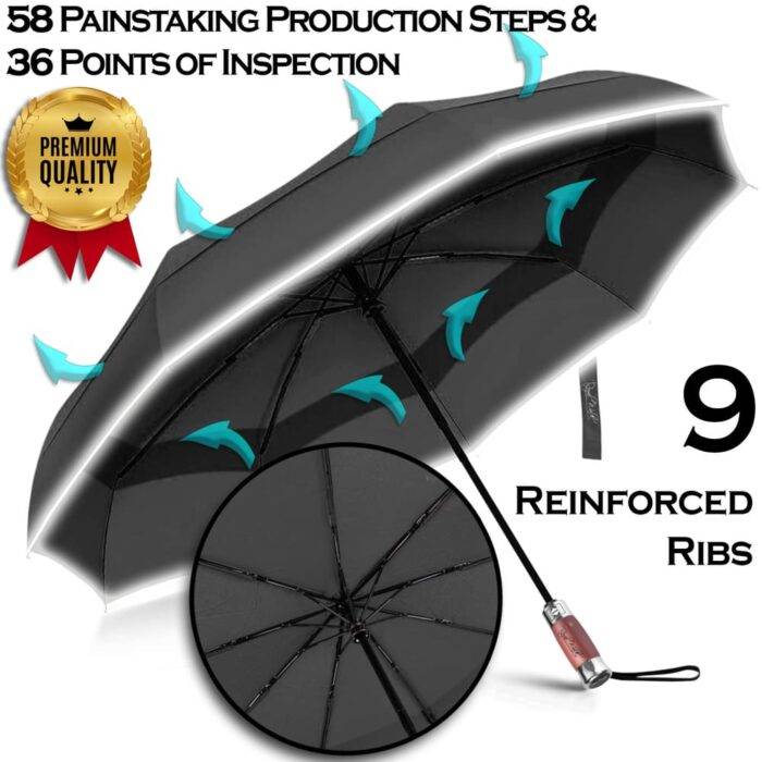 Folding Windproof Umbrella for Rain Vented Double Canopy with Real Wood Handle and Automatic Open & Close 41 inch (103 cm) diameter - Black 37 Luxurious large windproof umbrella for rain - fast drying fabric with real wood handle and double canopy black 2