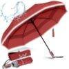 Luxurious large folding windproof umbrella for rain - fast drying fabric with real wood handle and double canopy, automatic umbrella dark red