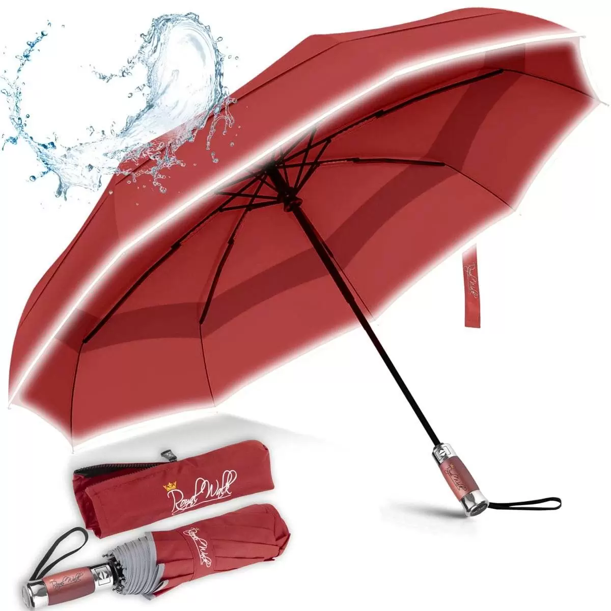 Luxurious large folding windproof umbrella for rain - fast drying fabric with real wood handle and double canopy, automatic umbrella dark red
