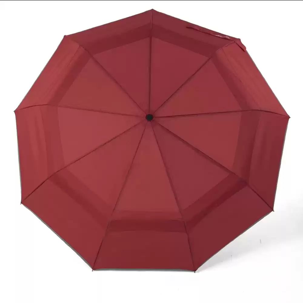 large folding windproof umbrella for rain - fast drying fabric with real wood handle and double canopy dark red 2