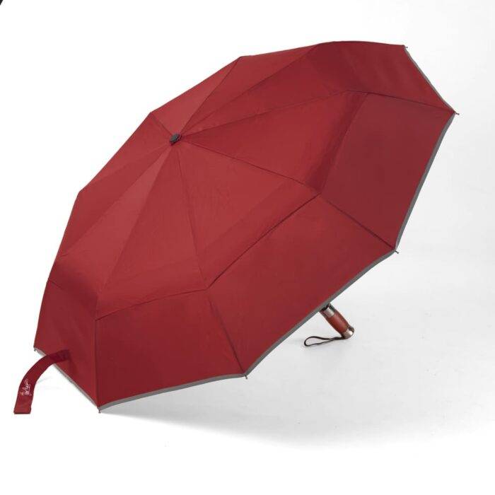 Folding Windproof Umbrella Vented for Rain Double Canopy with Real Wood Handle and Automatic Open & Close 41 inch (103 cm) diameter – Dark Red 47 large folding windproof umbrella for rain - fast drying fabric with real wood handle and double canopy dark red 4