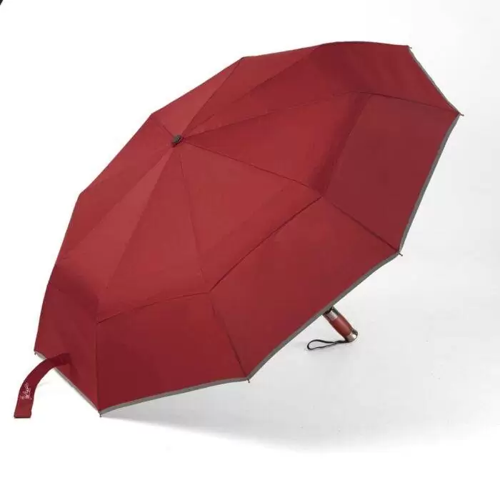 large folding windproof umbrella for rain - fast drying fabric with real wood handle and double canopy dark red 4