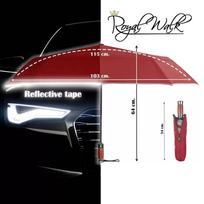 large windproof umbrella for rain compact - real wood handle light reflective strip dark red