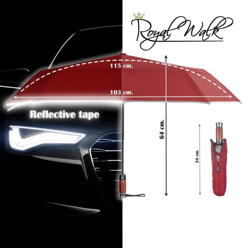 large windproof umbrella for rain compact - real wood handle light reflective strip dark red