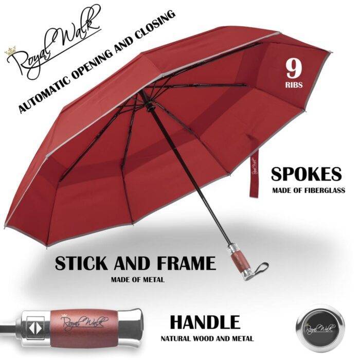 Folding Windproof Umbrella Vented for Rain Double Canopy with Real Wood Handle and Automatic Open & Close 41 inch (103 cm) diameter – Dark Red 34 folding large windproof umbrella for rain - fast drying fabric with real wood handle and double canopy dark red 6