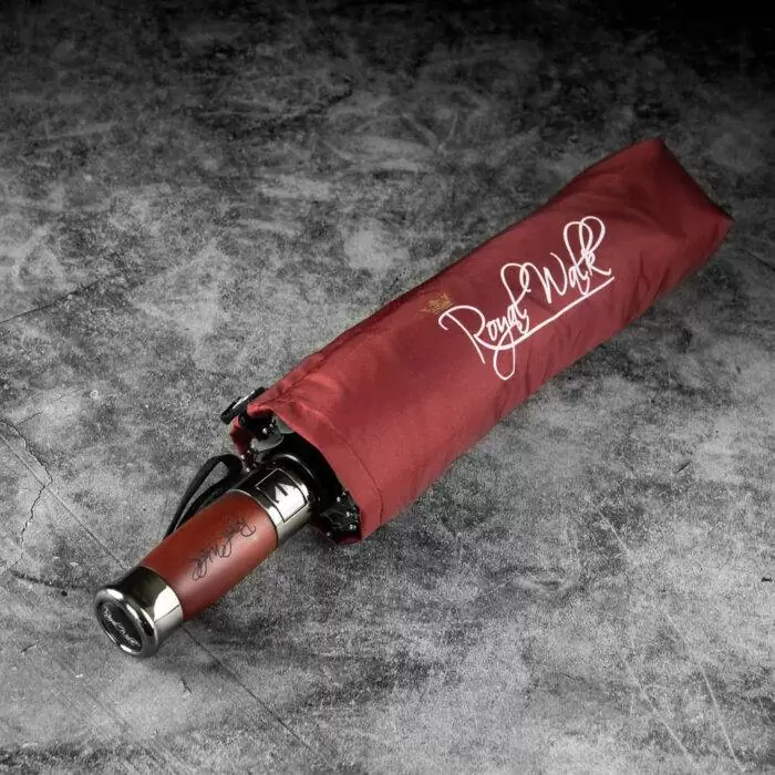 Luxurious folding windproof umbrella for rain automatic with real wood handle dark red 11