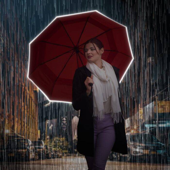 Folding Windproof Umbrella Vented for Rain Double Canopy with Real Wood Handle and Automatic Open & Close 41 inch (103 cm) diameter – Dark Red 43 automatic folding windproof umbrella for rain compact - real wood handle light reflective strip - dark red 4