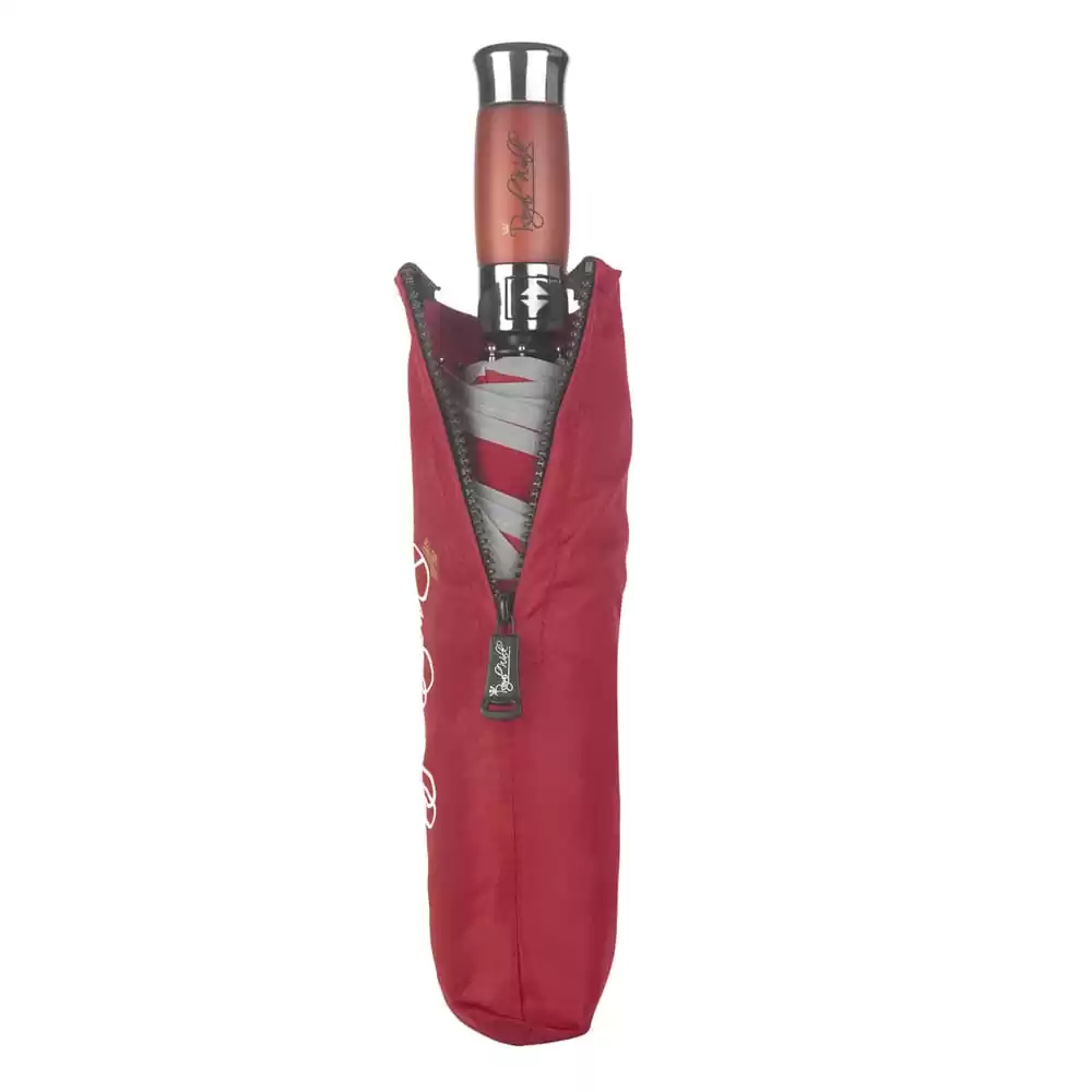Luxurious folding windproof umbrella for rain - fast drying fabric with real wood handle dark red 3