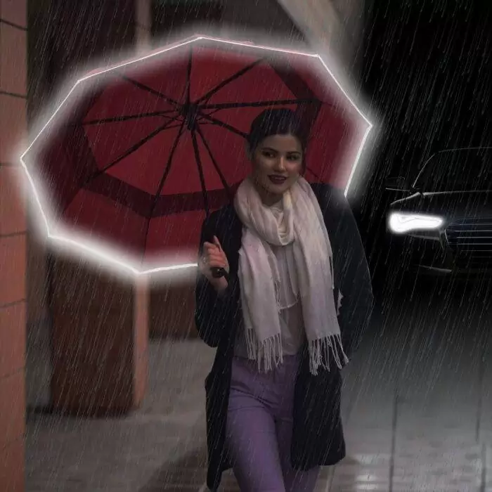 automatic folding windproof umbrella for rain compact - real wood handle light reflective strip - dark red 3