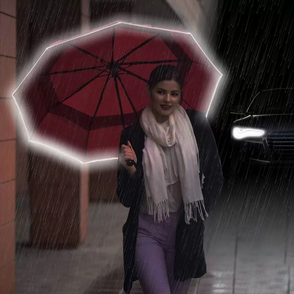 automatic folding windproof umbrella for rain compact - real wood handle light reflective strip - dark red 3