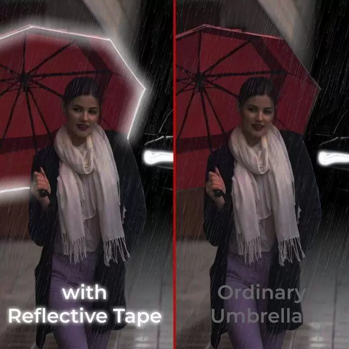 large folding windproof umbrella for rain compact - real wood handle light reflective strip - dark red