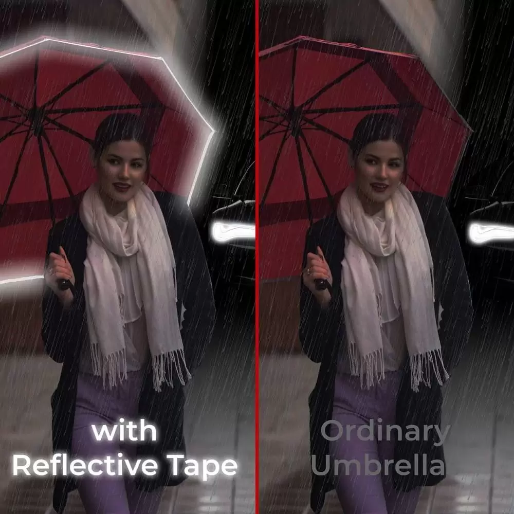 large folding windproof umbrella for rain compact - real wood handle light reflective strip - dark red