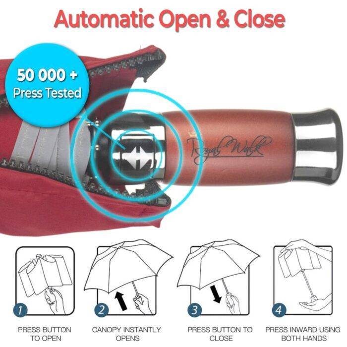 Folding Windproof Umbrella Vented for Rain Double Canopy with Real Wood Handle and Automatic Open & Close 41 inch (103 cm) diameter – Dark Red 33 Automatic folding windproof umbrella for rain - fast drying fabric with real wood handle dark red 5
