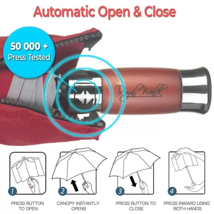 Automatic folding windproof umbrella for rain - fast drying fabric with real wood handle dark red 5
