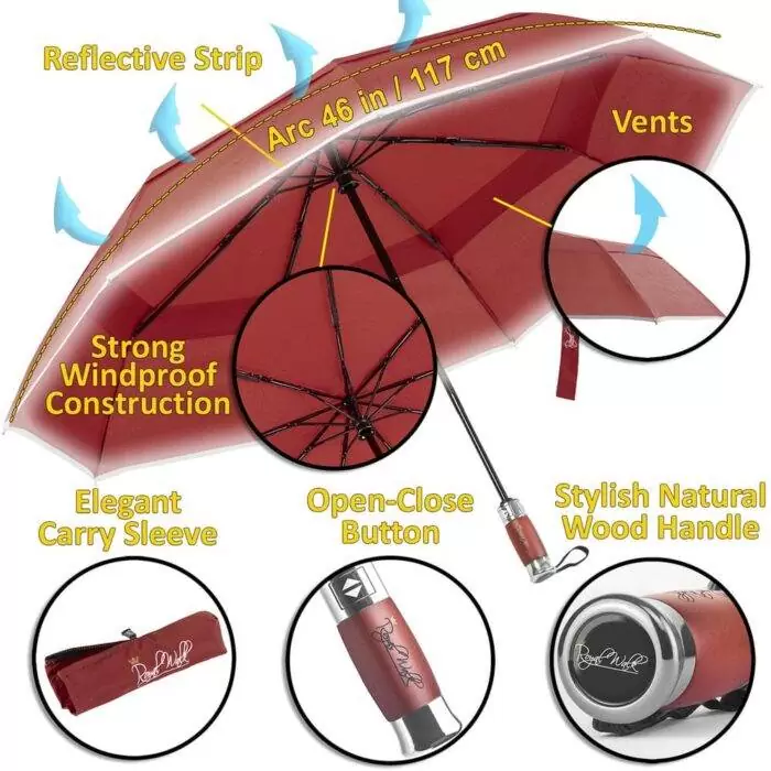 automatic folding windproof umbrella for rain - fast drying fabric with real wood handle and double canopy dark red 6