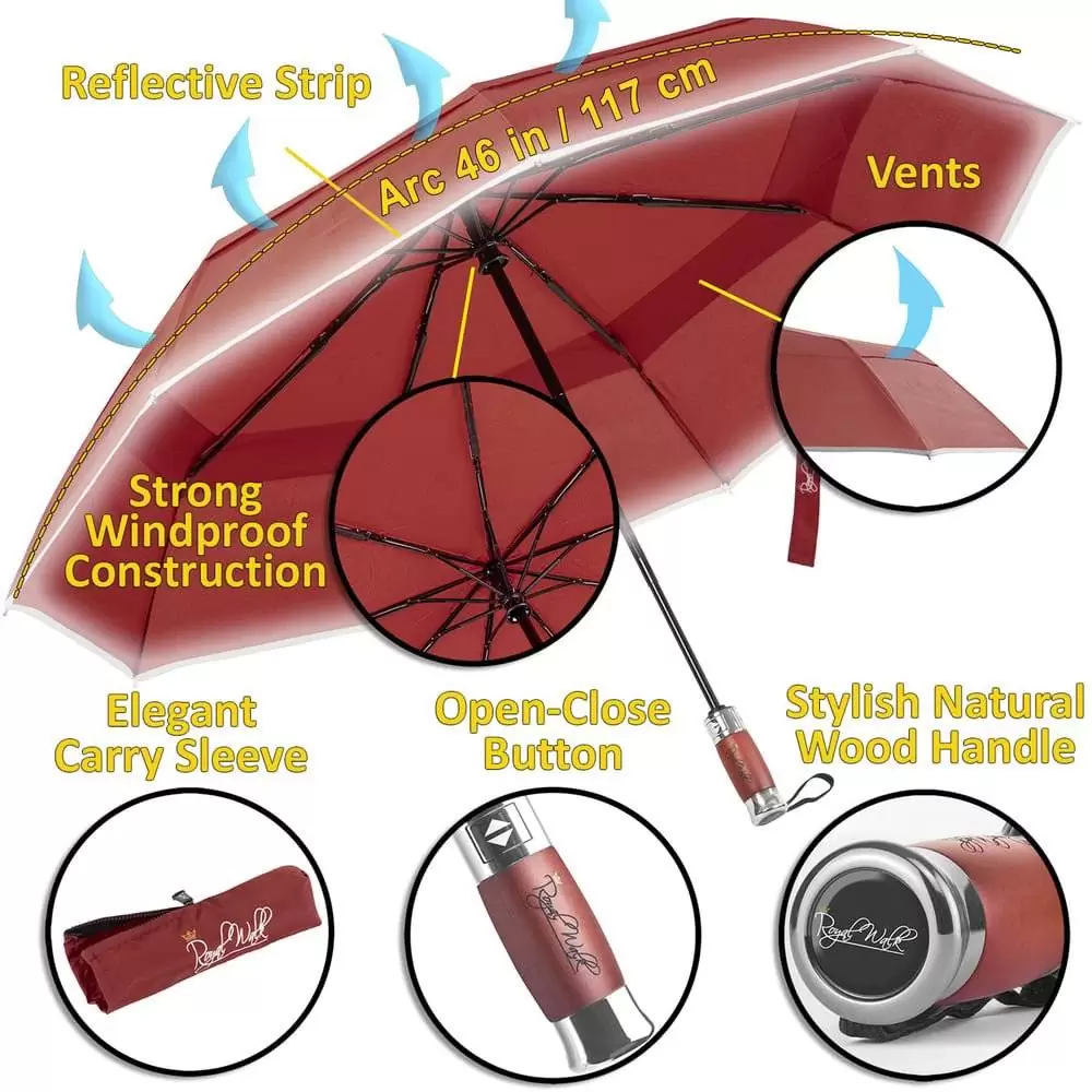 automatic folding windproof umbrella for rain - fast drying fabric with real wood handle and double canopy dark red 6