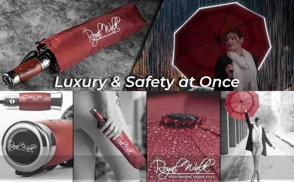 Luxurious folding windproof umbrella with vented double canopy and real wood handle - dark red