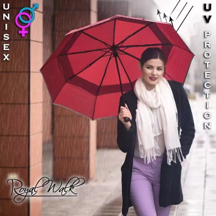 large folding windproof umbrella for rain with uv protection - real wood handle light reflective strip - dark red 1