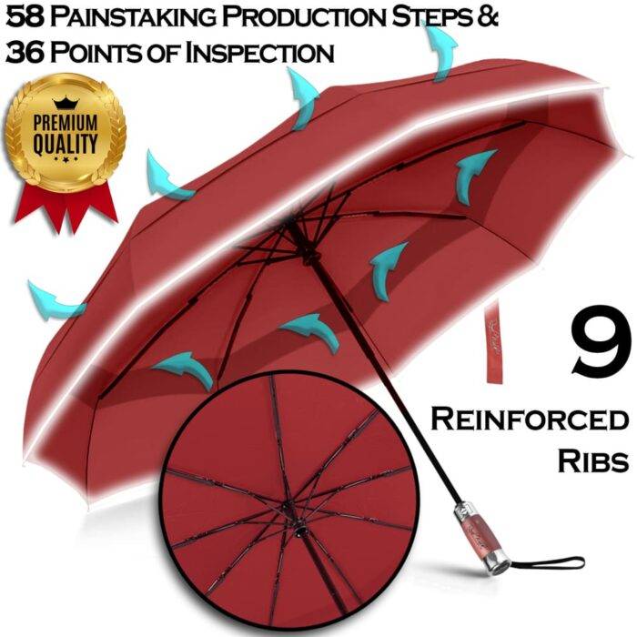 Folding Windproof Umbrella Vented for Rain Double Canopy with Real Wood Handle and Automatic Open & Close 41 inch (103 cm) diameter – Dark Red 39 Luxurious large windproof umbrella for rain - vented double canopy dark red 1