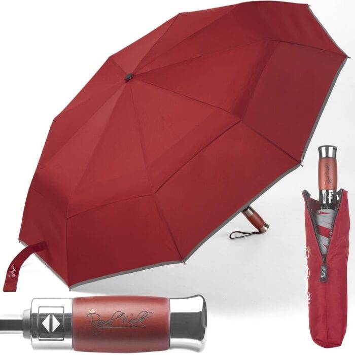Folding Windproof Umbrella Vented for Rain Double Canopy with Real Wood Handle and Automatic Open & Close 41 inch (103 cm) diameter – Dark Red 51 Luxurious large windproof umbrella for rain - fast drying fabric with real wood handle and double canopy dark red 7