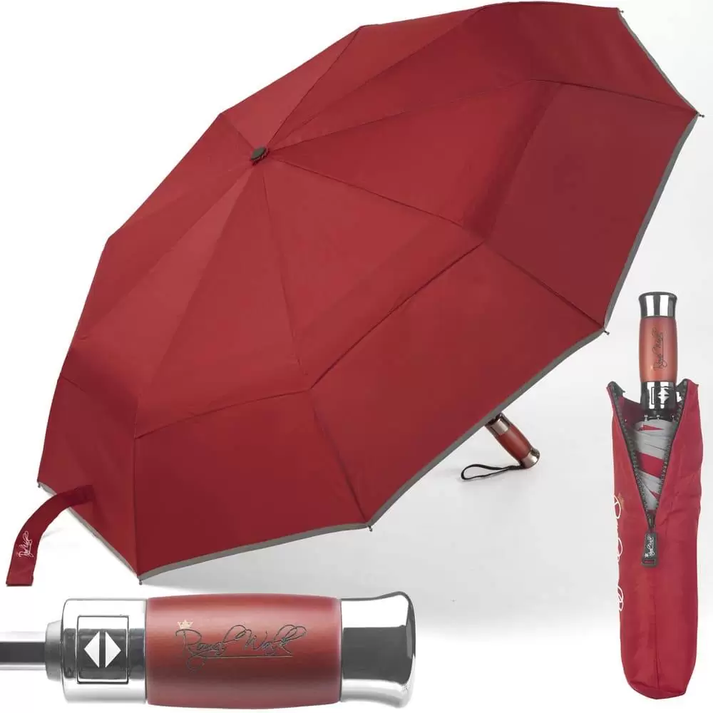 Luxurious large windproof umbrella for rain - fast drying fabric with real wood handle and double canopy dark red 7