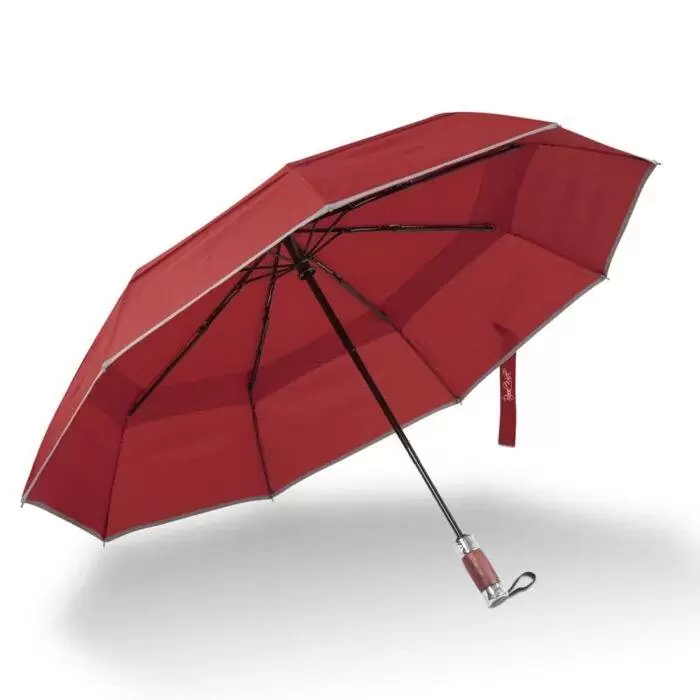 Luxurious large folding windproof umbrella for rain - fast drying fabric with real wood handle and double canopy dark red 1
