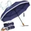 Luxurious large folding windproof umbrella for rain - fast drying fabric with real wood handle and double canopy, automatic mens umbrella navy blue