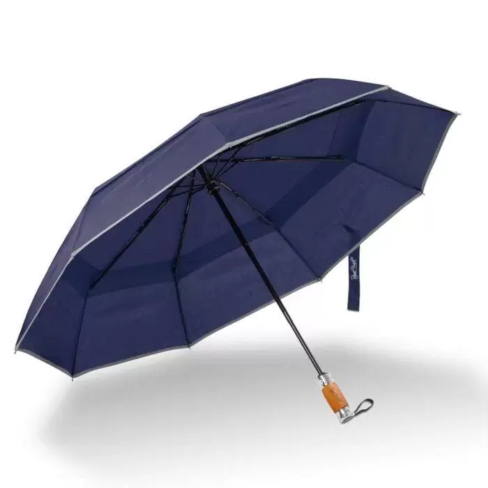 large folding windproof umbrella for rain - fast drying fabric with real wood handle and double canopy navy blue 7
