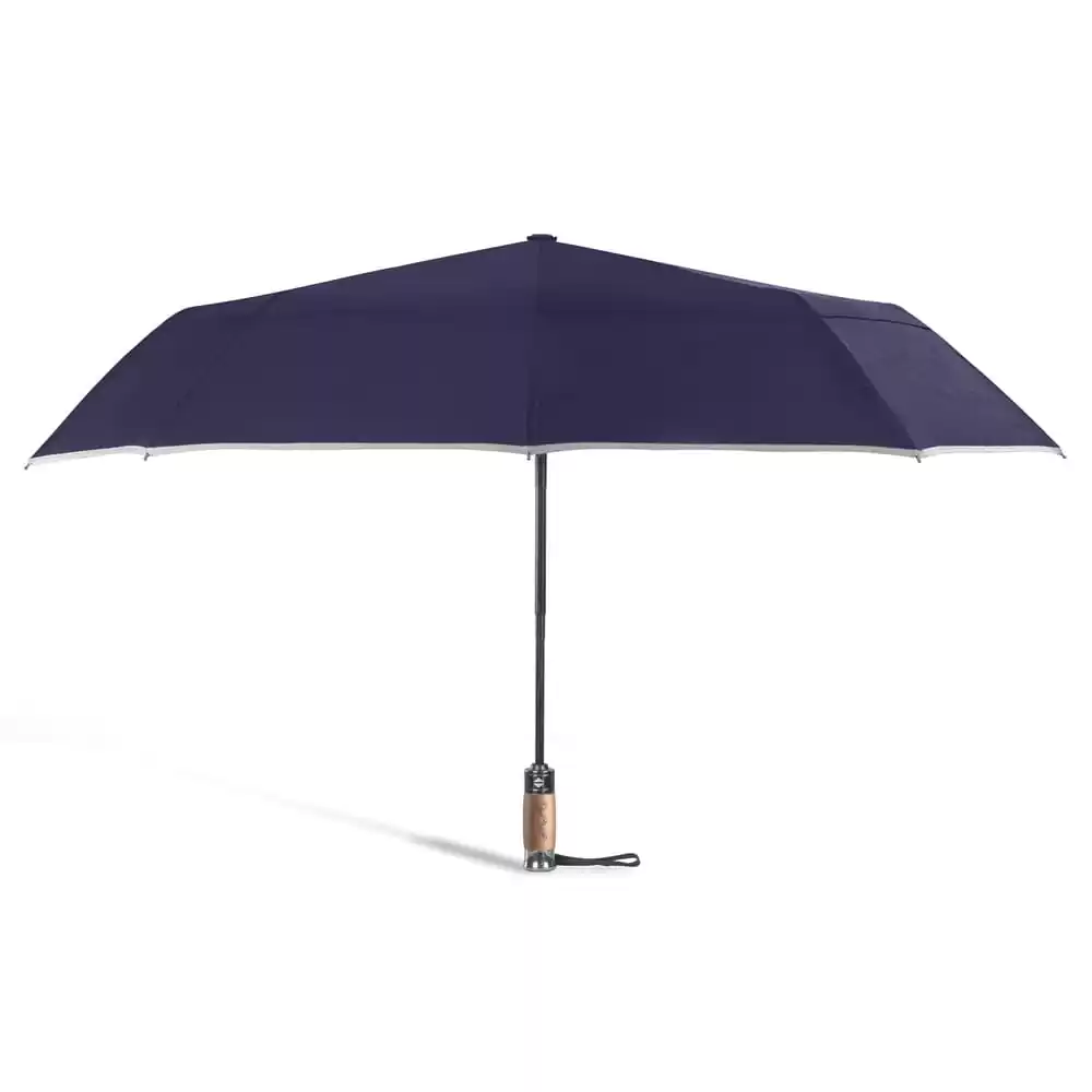 large folding windproof umbrella for rain - fast drying fabric with real wood handle and double canopy navy blue 5