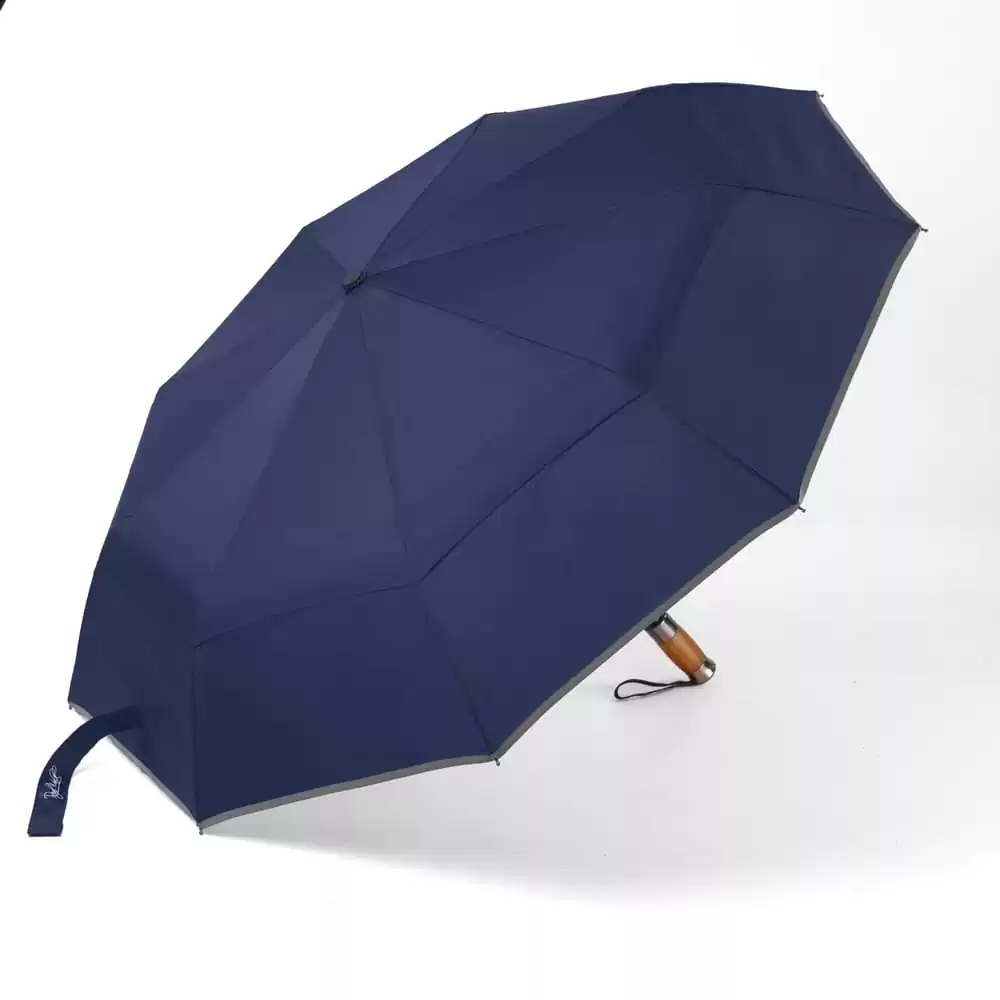 large folding windproof umbrella for rain - fast drying fabric with real wood handle and double canopy navy blue 4