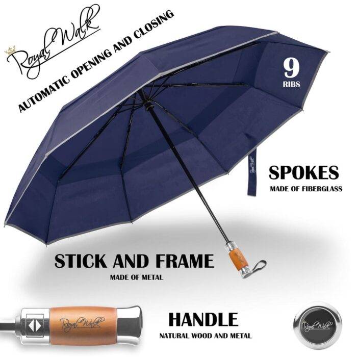 Folding Windproof Umbrella for Rain Vented Double Canopy with Real Wood Handle and Automatic Open & Close 41 inch (103 cm) diameter – Navy Blue 32 folding large windproof umbrella for rain - fast drying fabric with real wood handle and double canopy navy blue 3