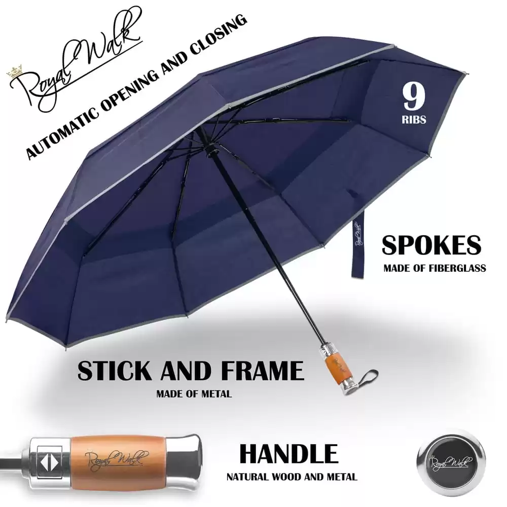 folding large windproof umbrella for rain - fast drying fabric with real wood handle and double canopy navy blue 3