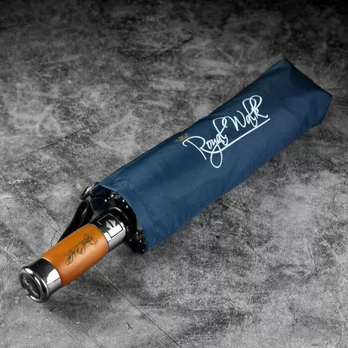 Luxurious folding windproof umbrella for rain with real wood handle navy blue 11