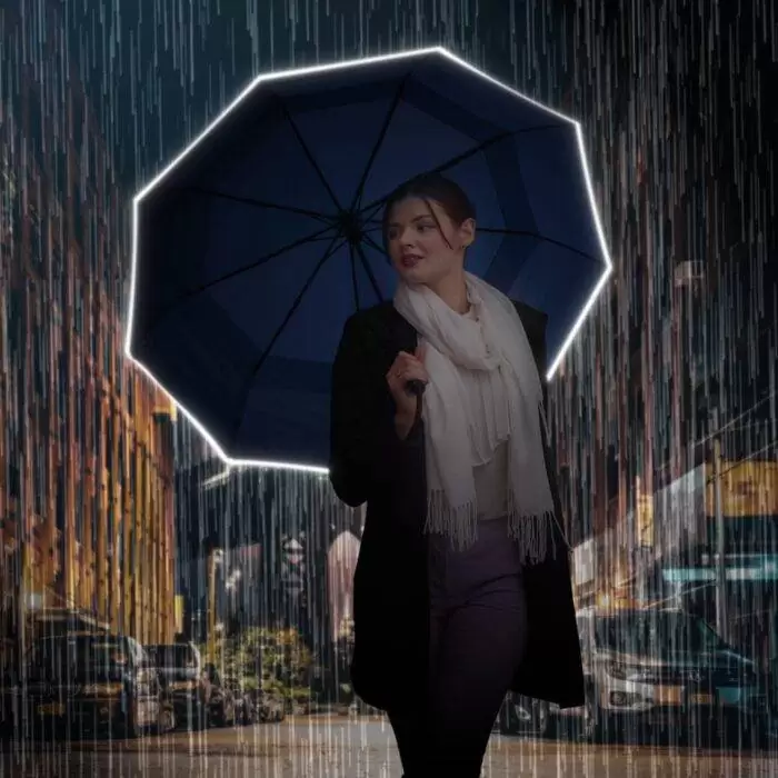 large folding windproof umbrella for rain compact - real wood handle light reflective strip 1 navy blue