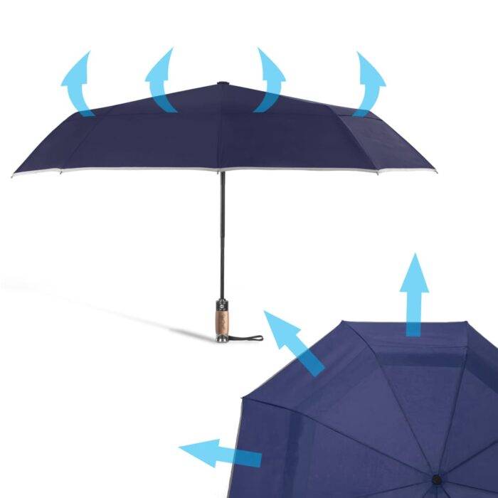 Folding Windproof Umbrella for Rain Vented Double Canopy with Real Wood Handle and Automatic Open & Close 41 inch (103 cm) diameter – Navy Blue 42 large windproof umbrella for rain - vented double canopy navy blue 2