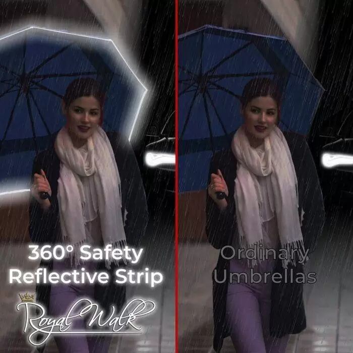 large folding windproof umbrella for rain compact - real wood handle light reflective strip - navy blue
