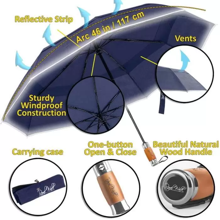 automatic folding windproof umbrella for rain - fast drying fabric with real wood handle and double canopy navy blue 6