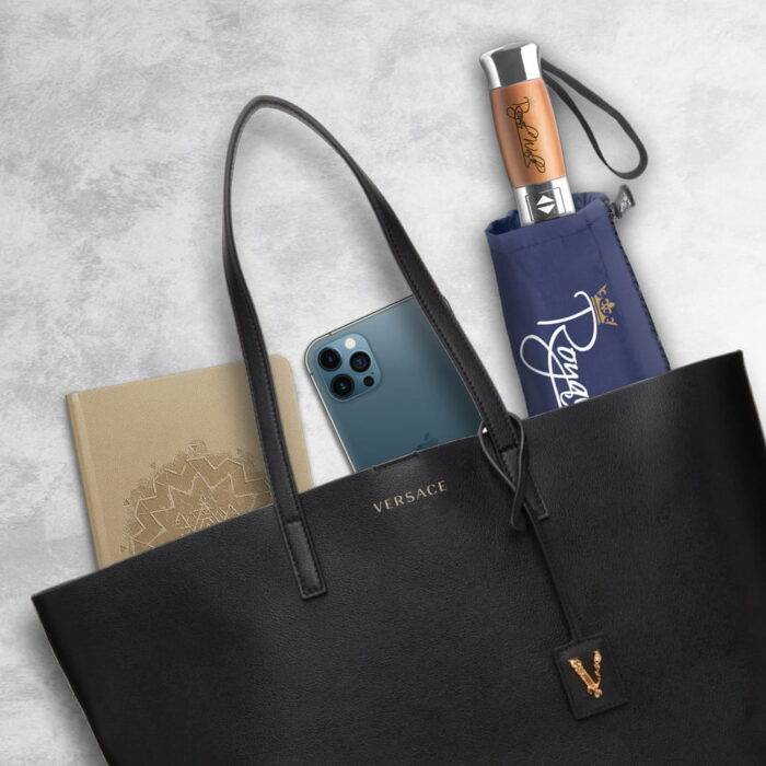 Folding Windproof Umbrella for Rain Vented Double Canopy with Real Wood Handle and Automatic Open & Close 41 inch (103 cm) diameter – Navy Blue 41 compact folding umbrella for rain - real wood handle navy blue 4