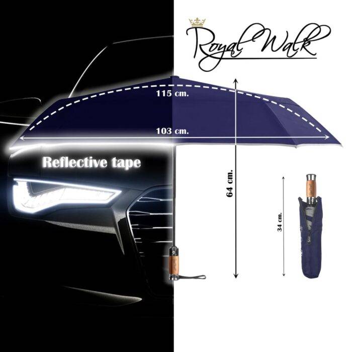 Folding Windproof Umbrella for Rain Vented Double Canopy with Real Wood Handle and Automatic Open & Close 41 inch (103 cm) diameter – Navy Blue 34 large windproof umbrella for rain compact - real wood handle light reflective strip navy blue