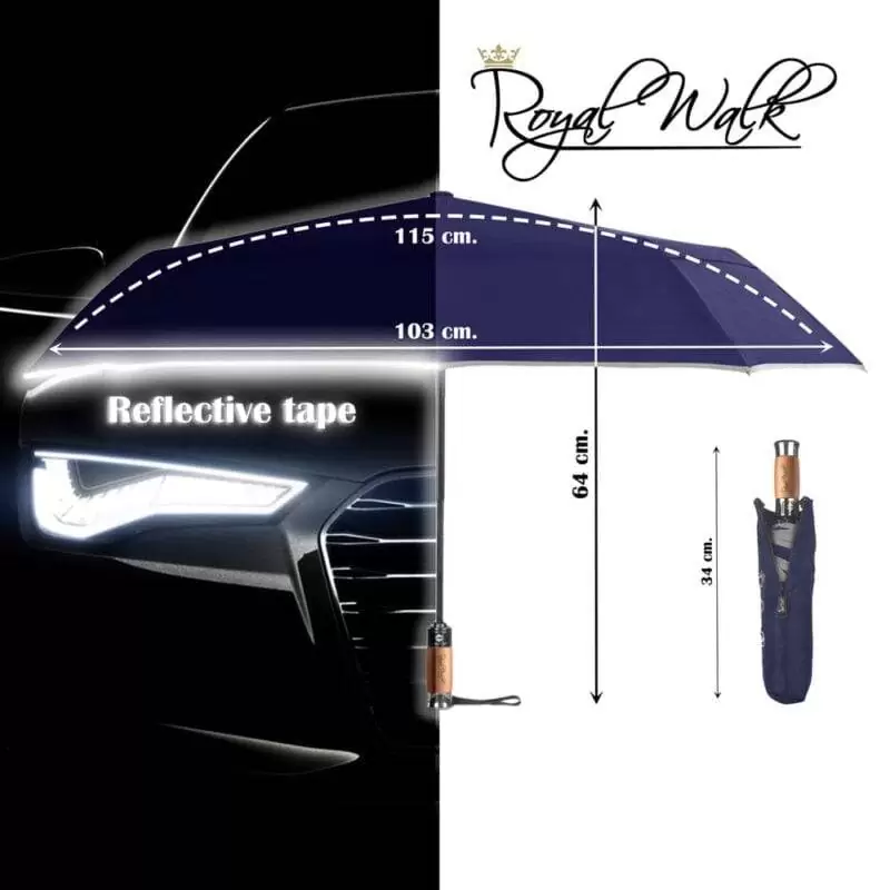 large windproof umbrella for rain compact - real wood handle light reflective strip navy blue